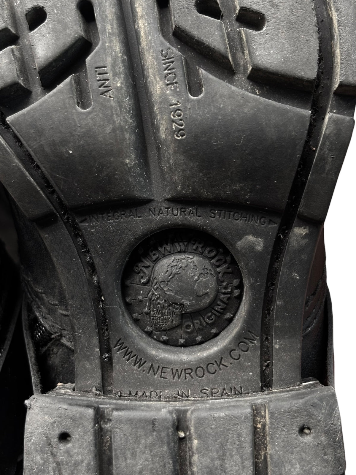 New Rock leather biker boots outsole with deep tread and circular logo stamp