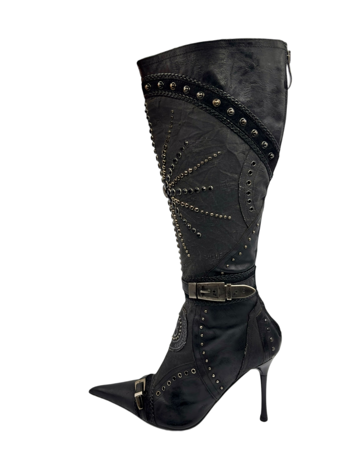 Black knee-high boots with studded trim, stitched panels, and thin top belt strap