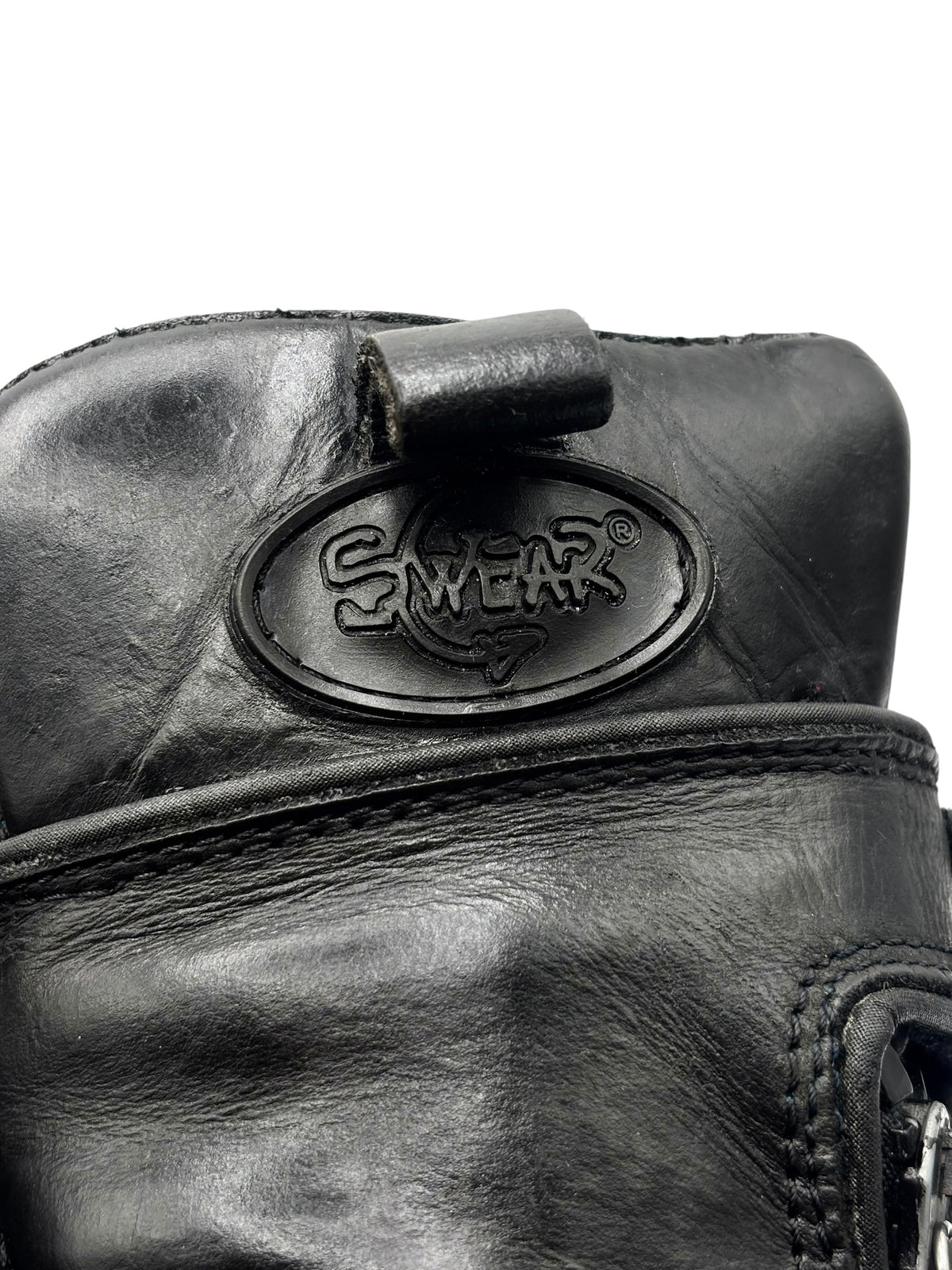 Vintage Swear London platform boots, black leather with oval logo patch
