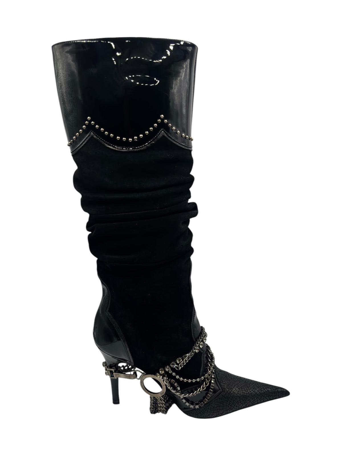 Black heeled knee-high boots with ruched shaft and chain ankle strap