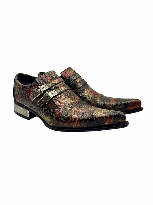 Patterned leather cowboy boots with double buckle straps and low block heel