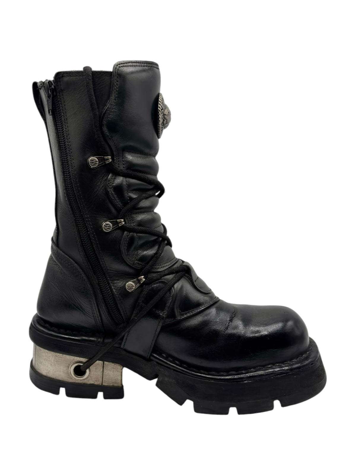 Black lace-up mid-calf boots with buckle straps and side zipper detail