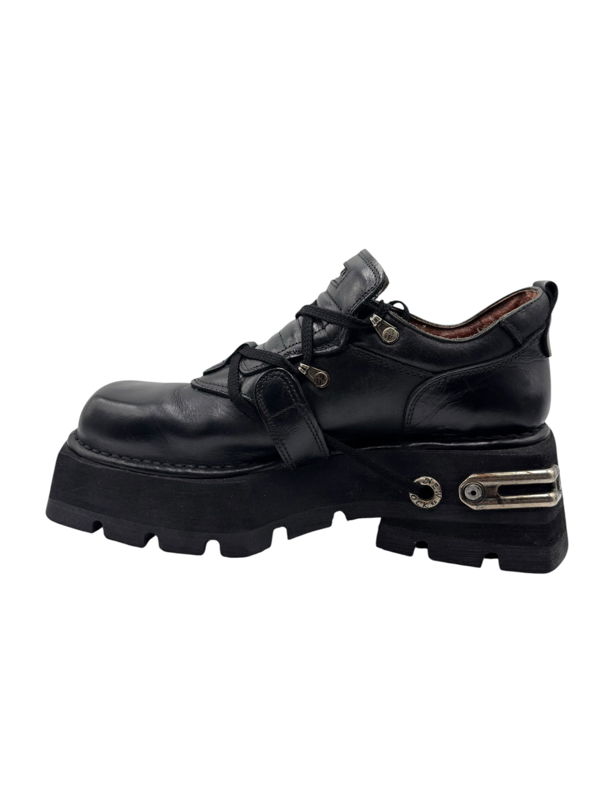 Vintage New Rock Pluto platform boots, black leather lace-up with buckled side strap
