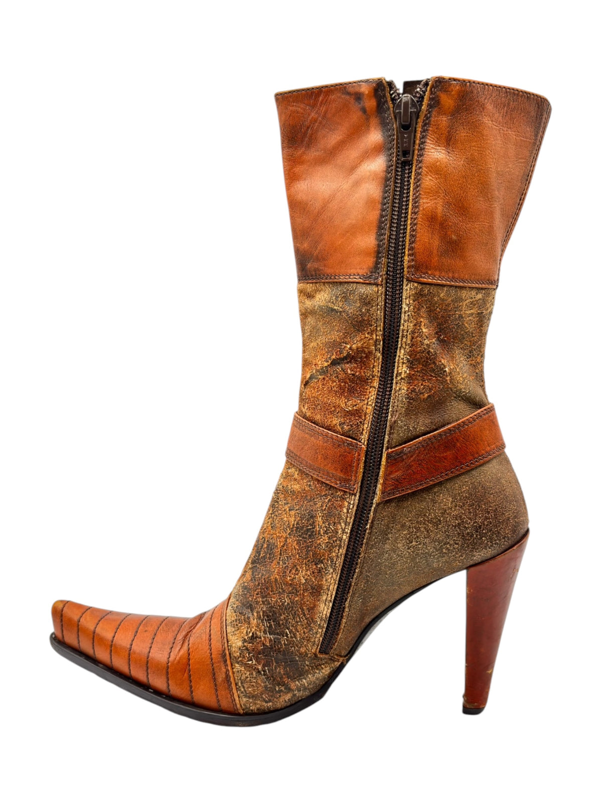 Vintage leather ankle boot heels with full-length side zipper and stiletto heel