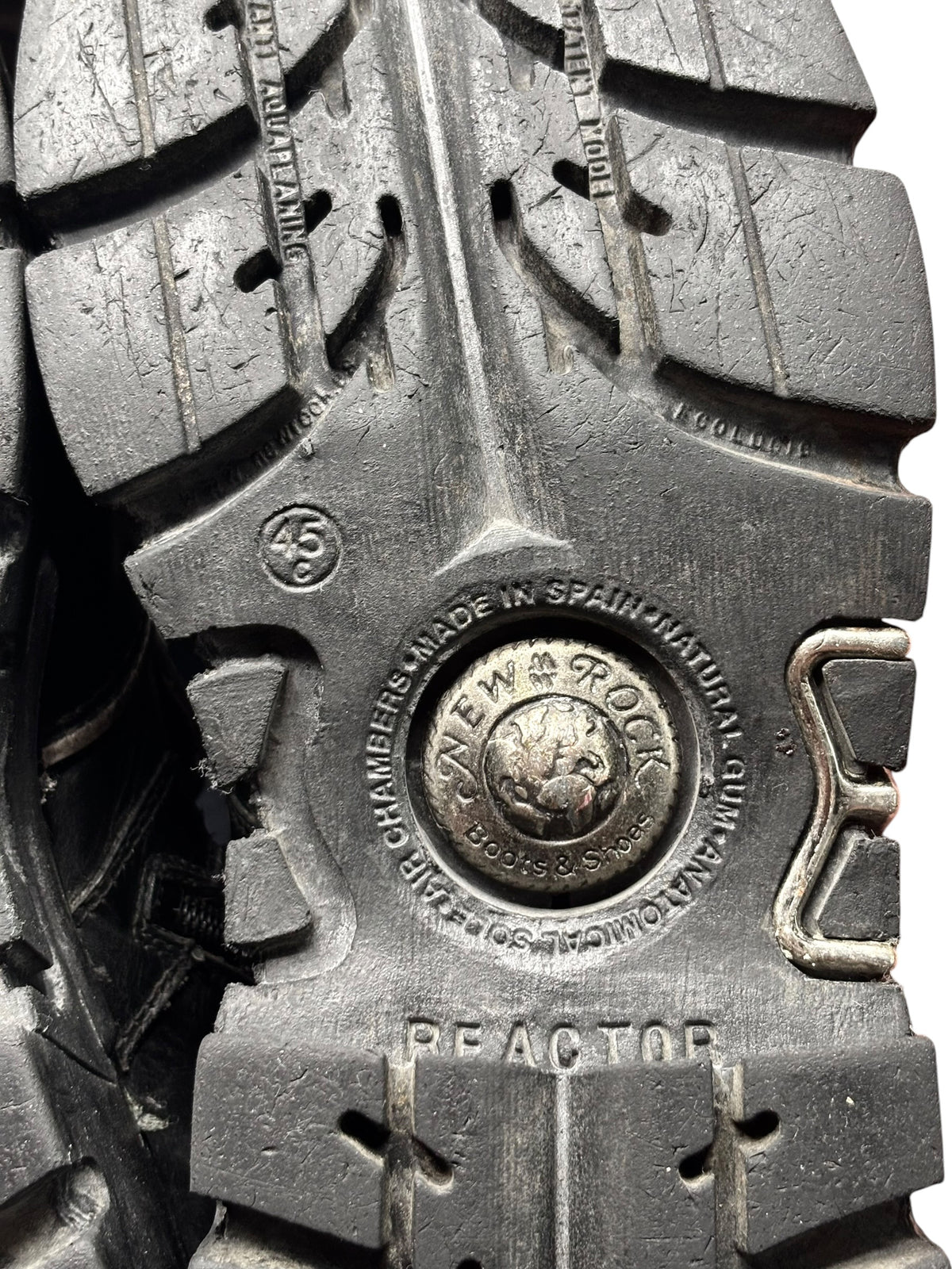 New Rock reactor boots outsole and tread with metal emblem and brand stamping