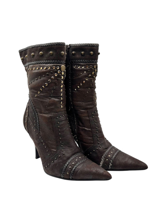 Studded brown leather heeled ankle boots with pointed toe