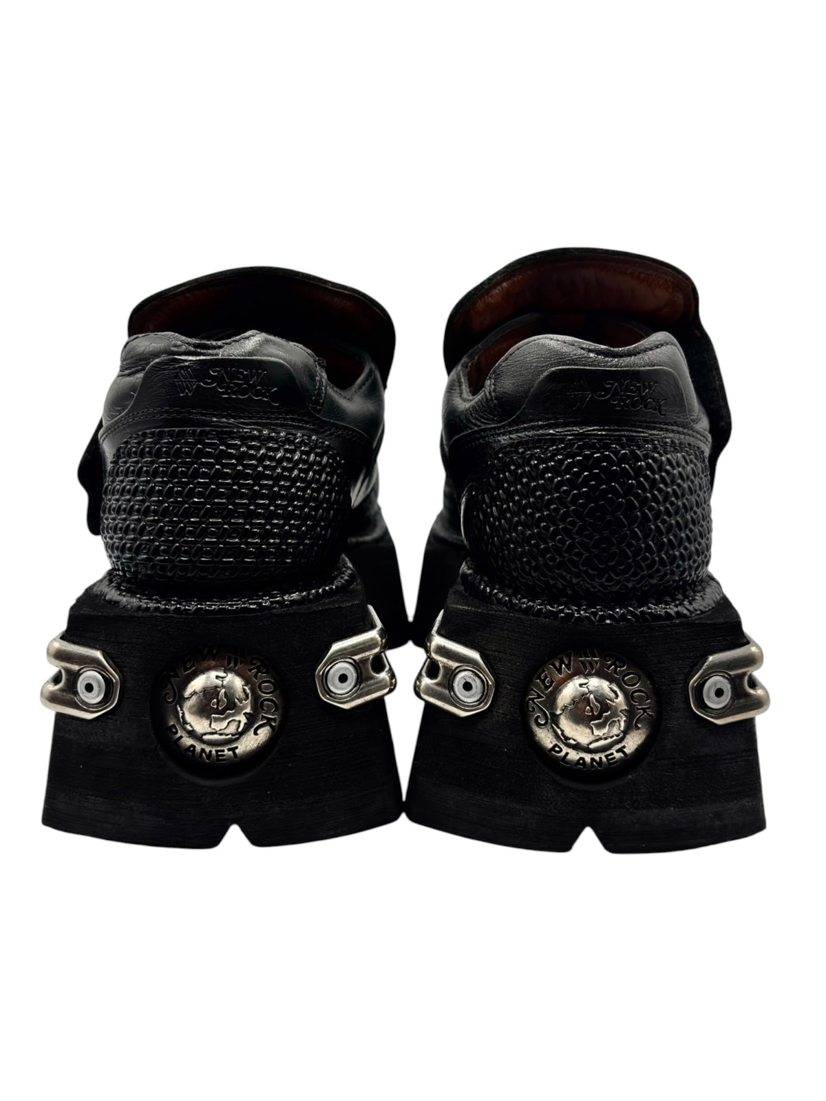 Vintage New Rock platform boots: back view with two silver buckles and Planet emblems