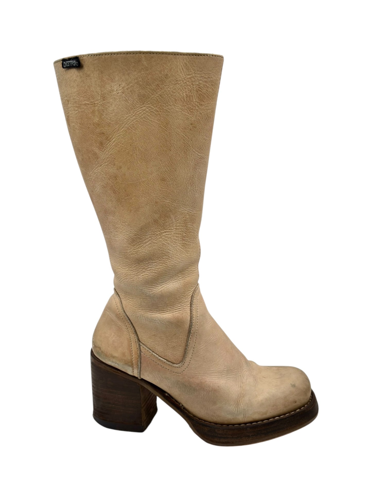Vintage Destroy beige knee high block platform leather boots