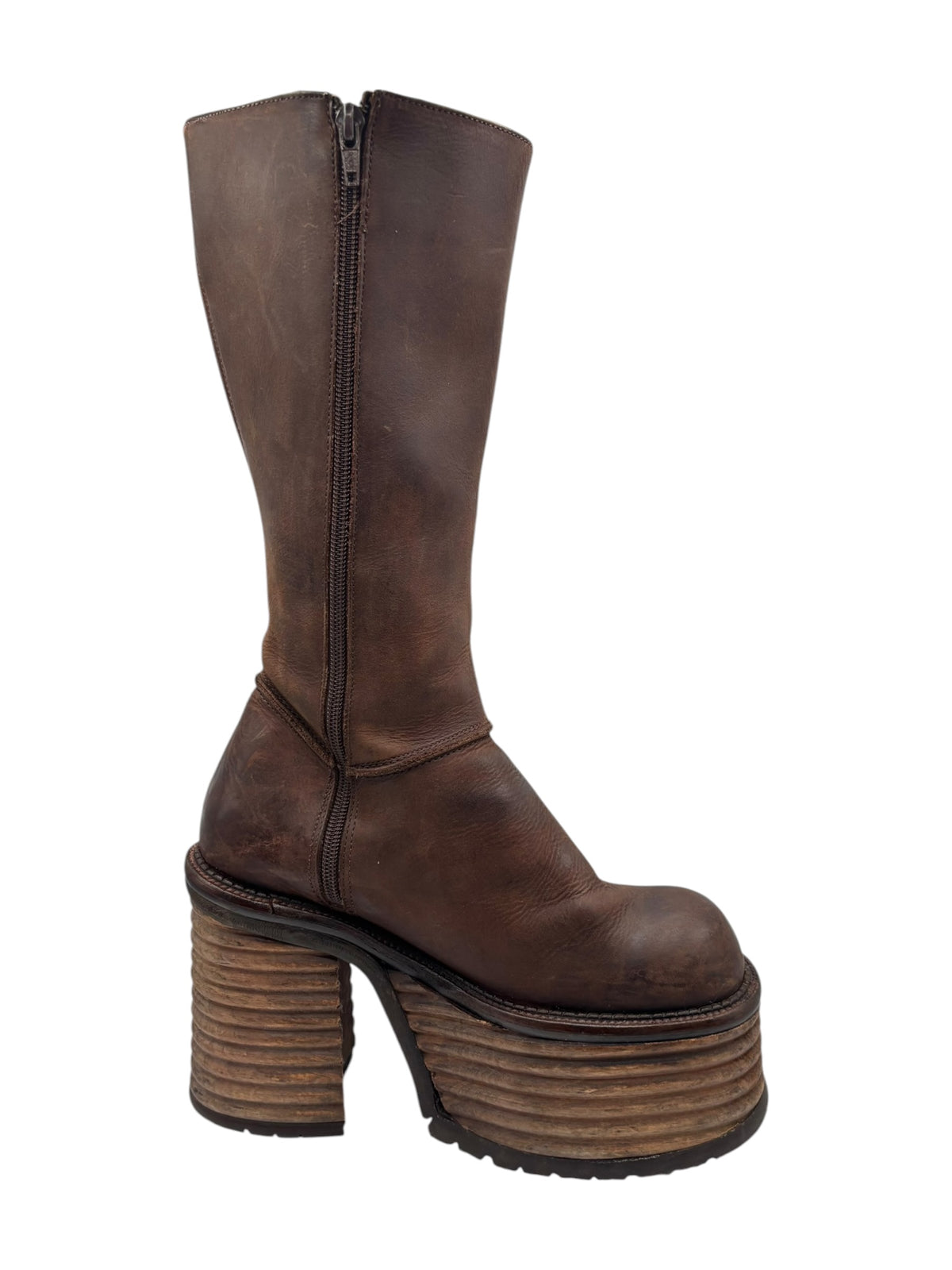Vintage dark brown knee-high boots with thick platform sole and stacked block heel