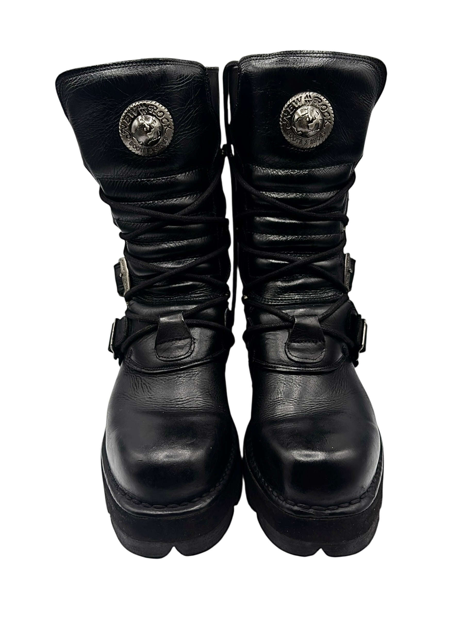 Vintage New Rock buckled raised-heel mid-calf leather boots size 42