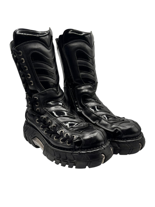 Black lace-up high-shaft platform boots with chunky treaded sole