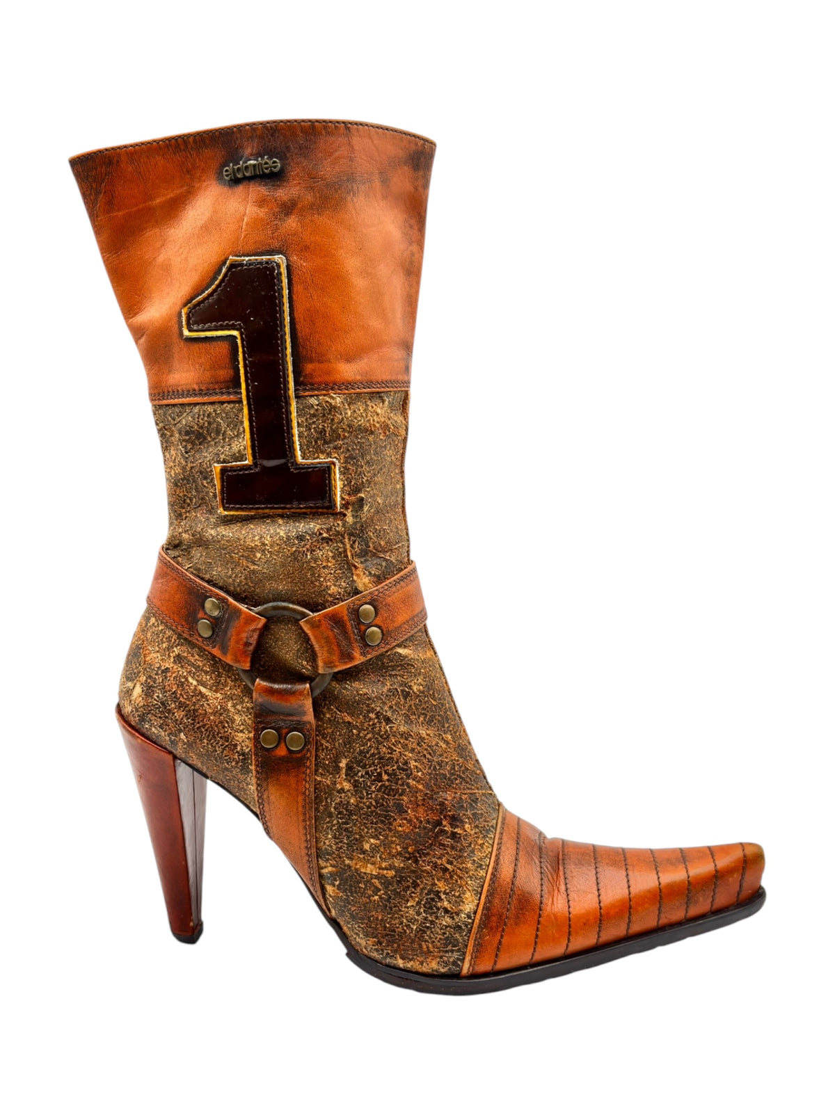 Vintage leather ankle boot heels with embroidered “1” patch and ribbed toe trim