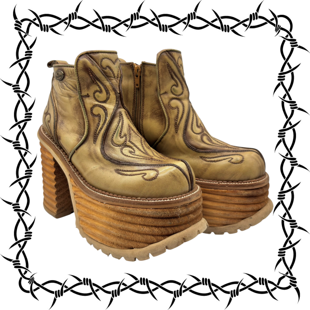 Khaki brown leather block platform ankle boots with carved stitch pattern and stacked heel