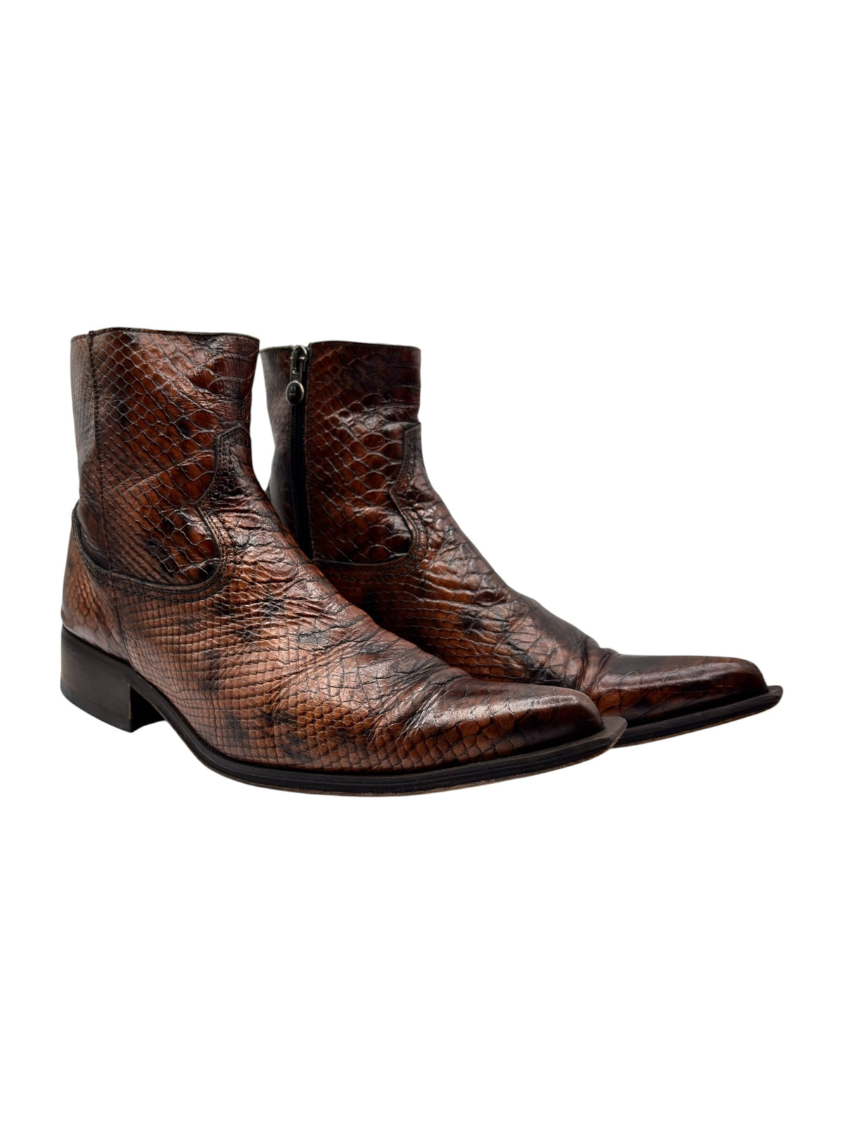 Brown snake-pattern leather cowboy boots, mid-calf with pointed toe and low heel