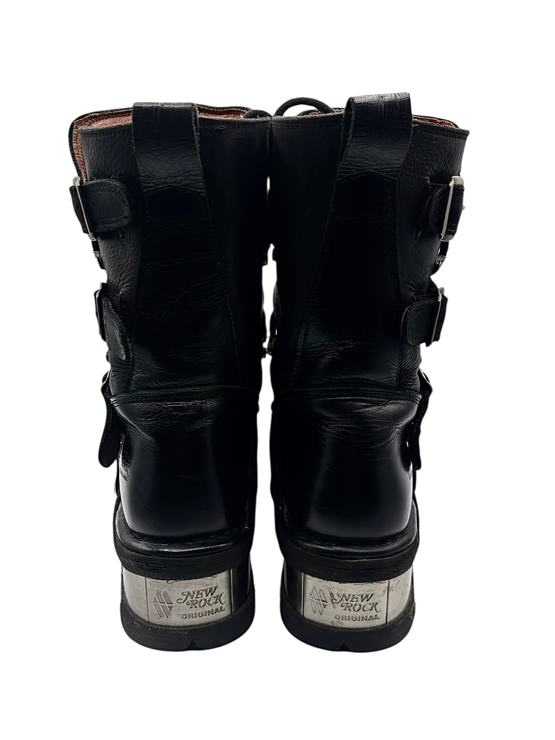 Vintage New Rock buckled raised-heel mid-calf leather boots size 42