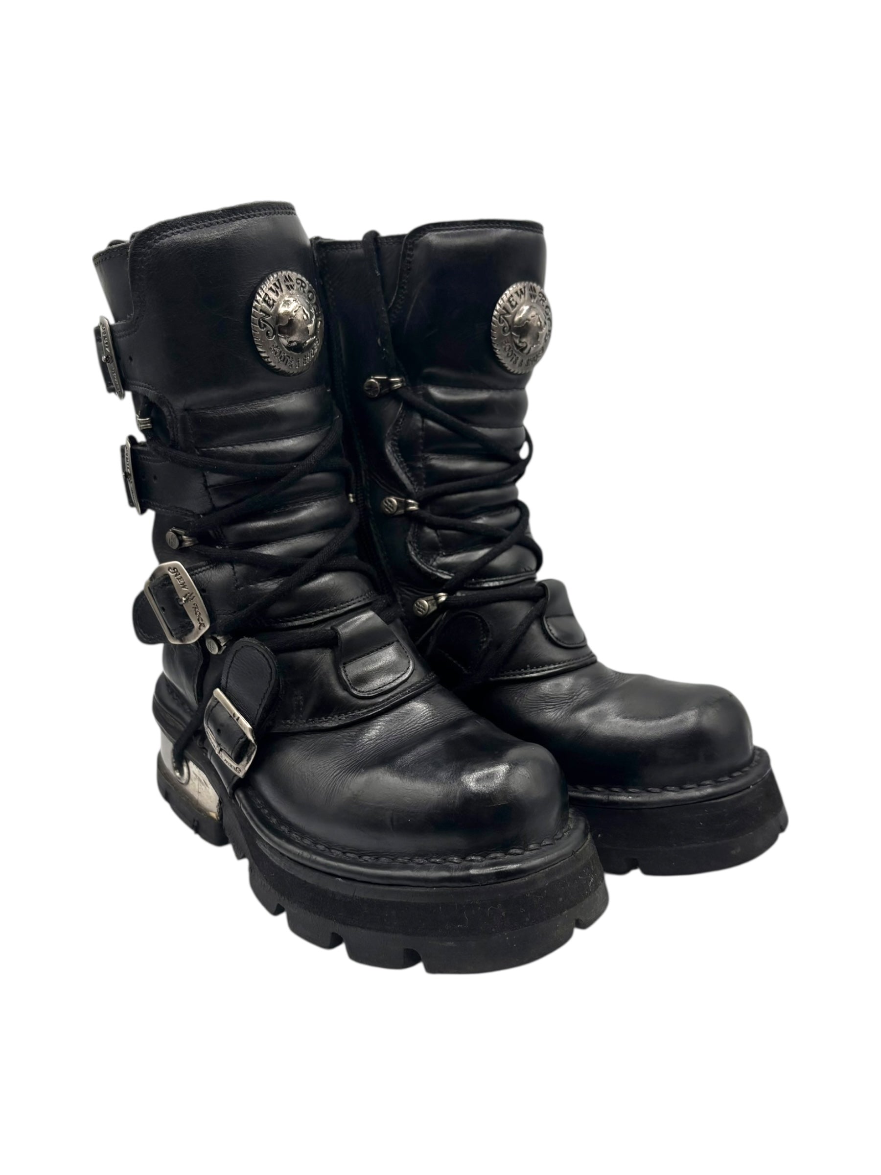 Vintage New Rock buckled raised-heel mid-calf leather boots size 37