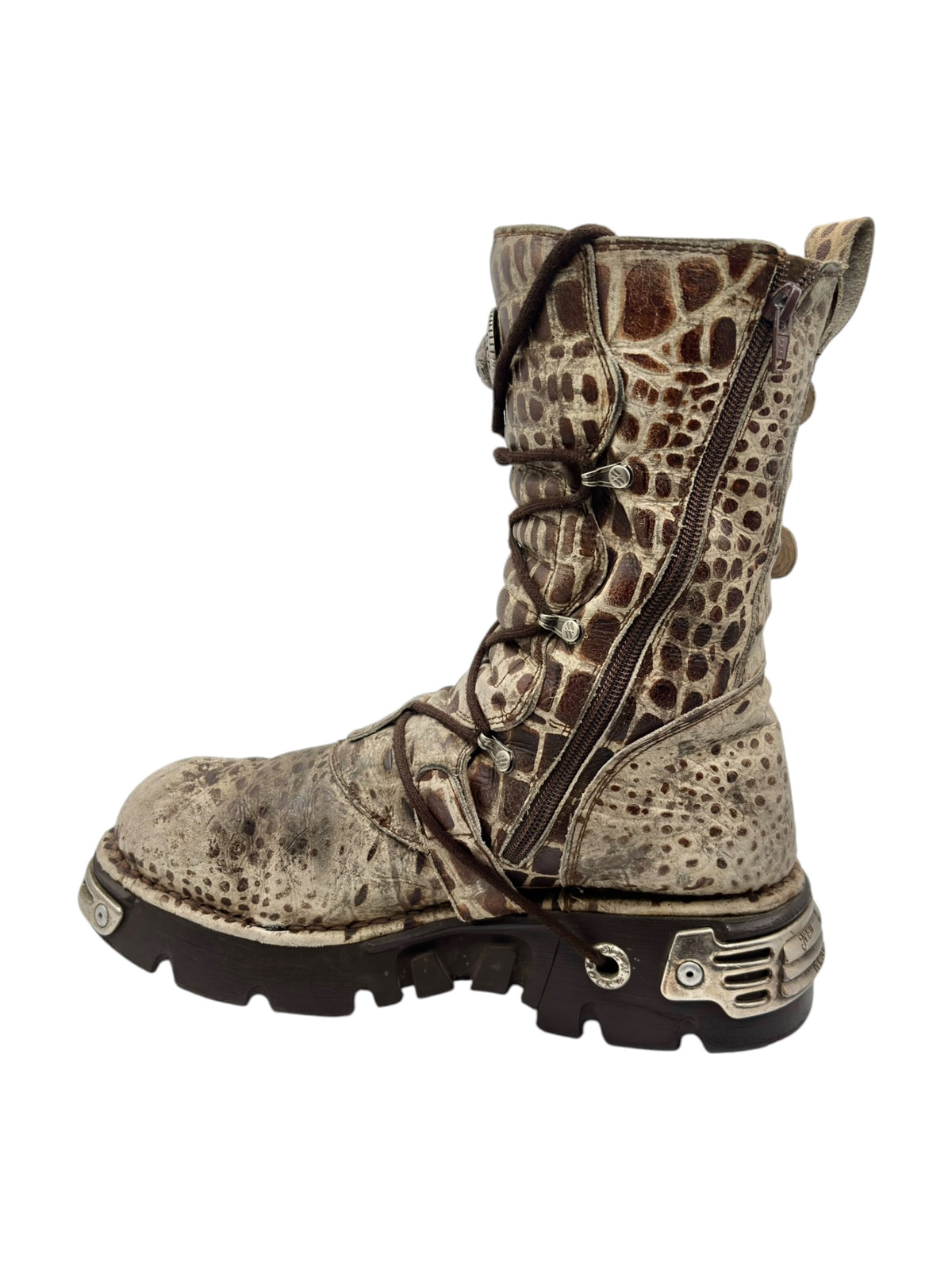 Mid-calf leather boots with desert-camo finish, side zipper detail, and rugged outsole