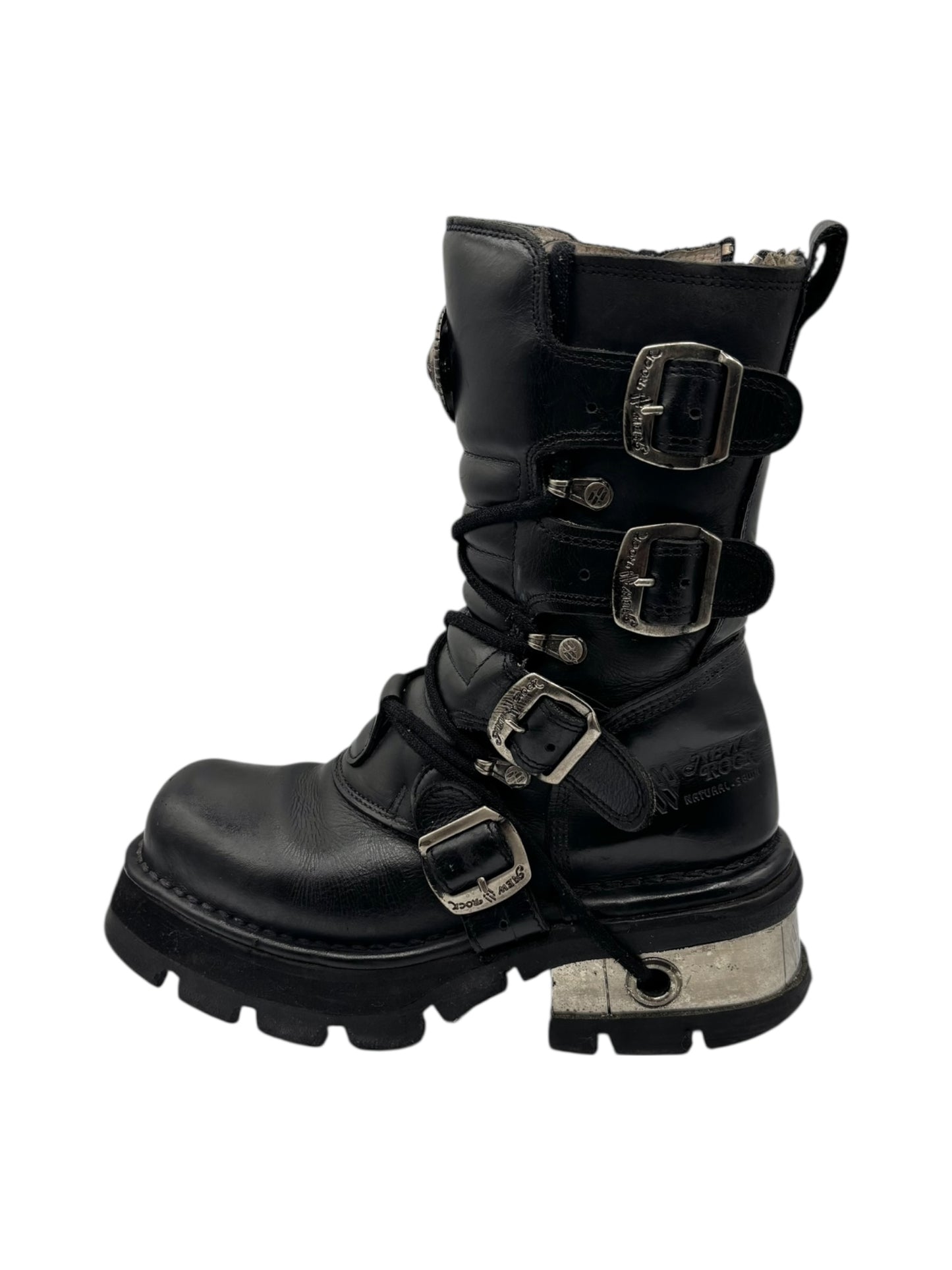 Vintage New Rock buckled raised-heel mid-calf leather boots size 37