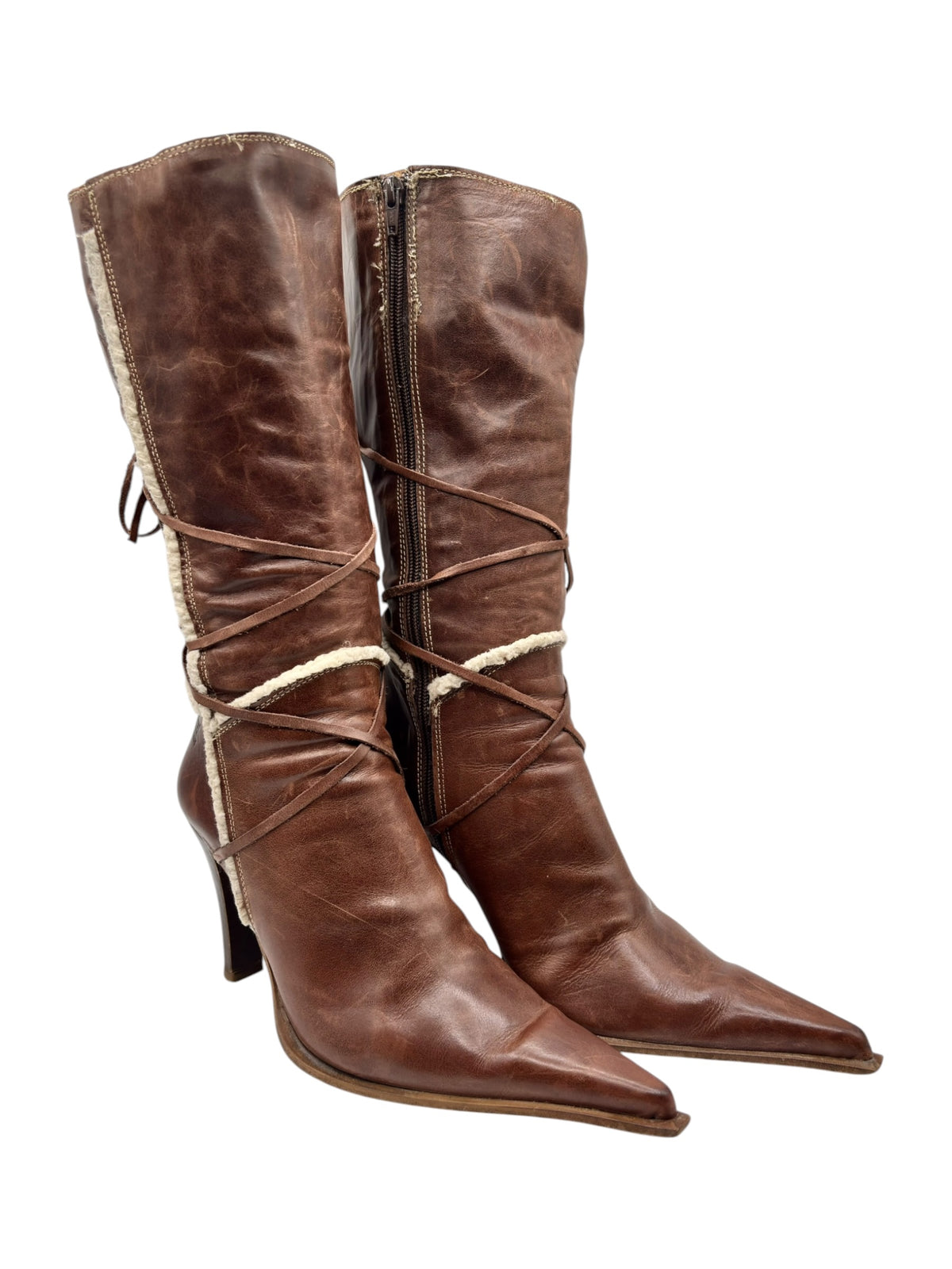 Brown leather pointy-toe mid-calf boots with inner zipper and wraparound ties