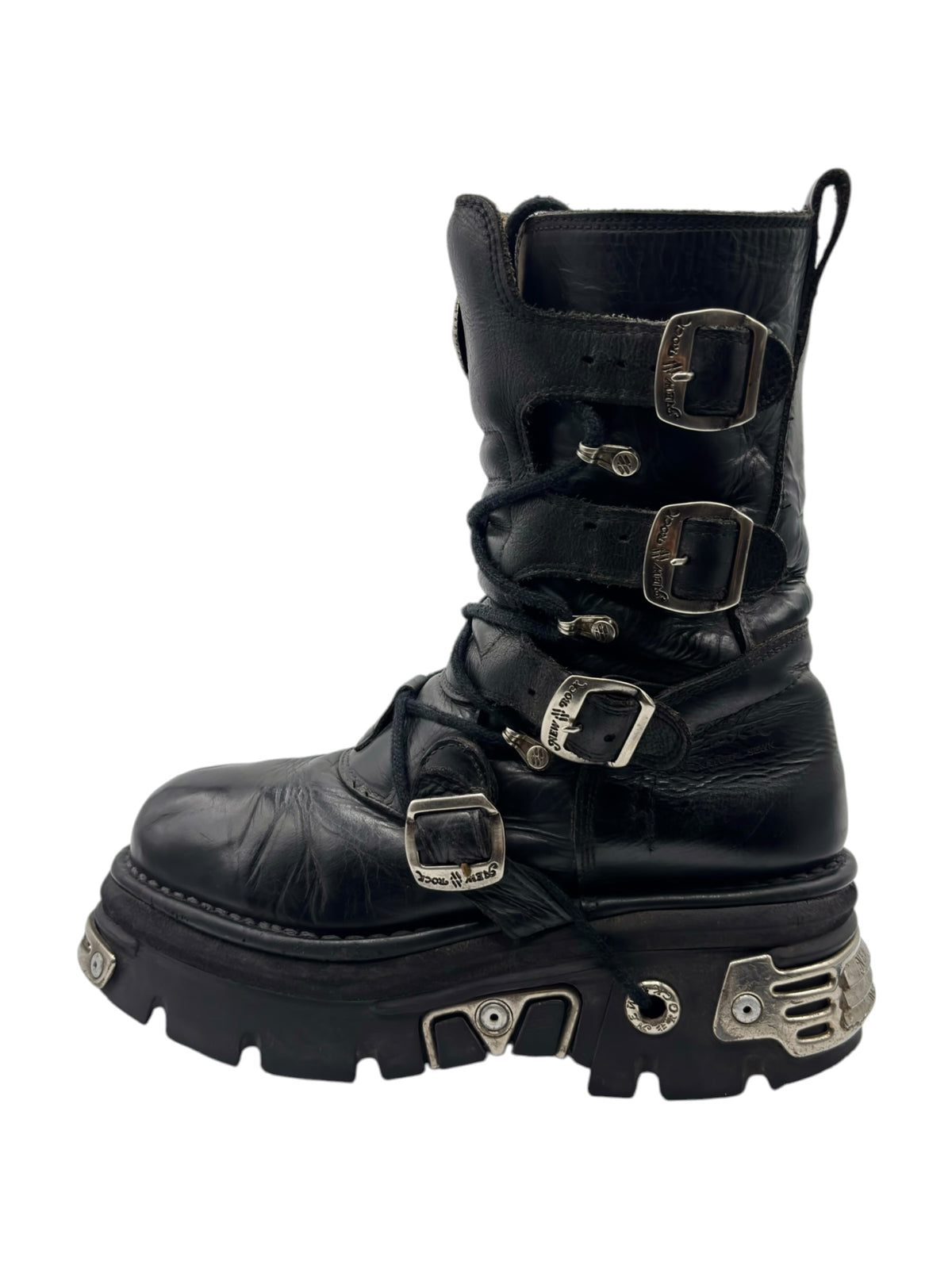 Black mid-calf leather reactor boots with three front buckles and padded collar