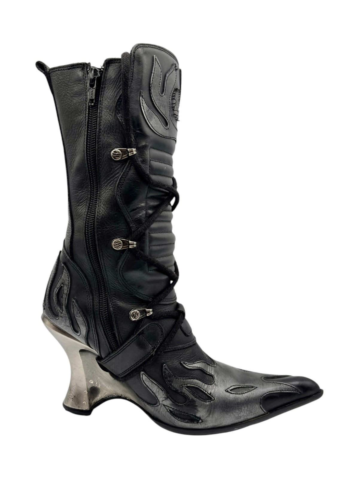 Flame boots with side zipper, lace-up front, and metallic flame detailing