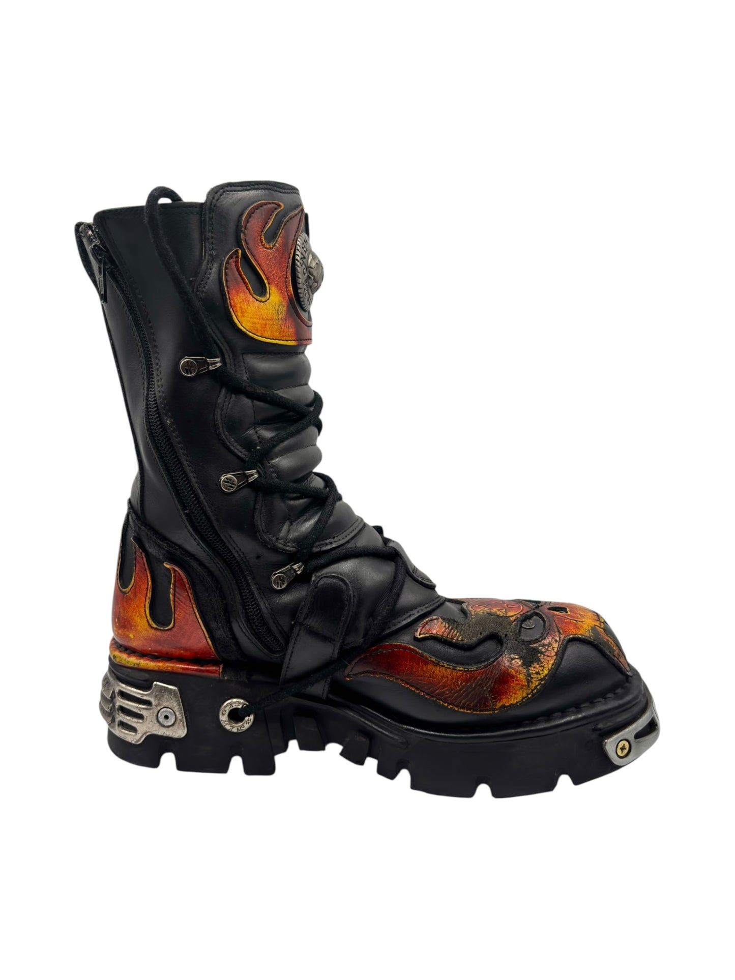 Vintage New Rock orange flame mid-calf reactor leather boots