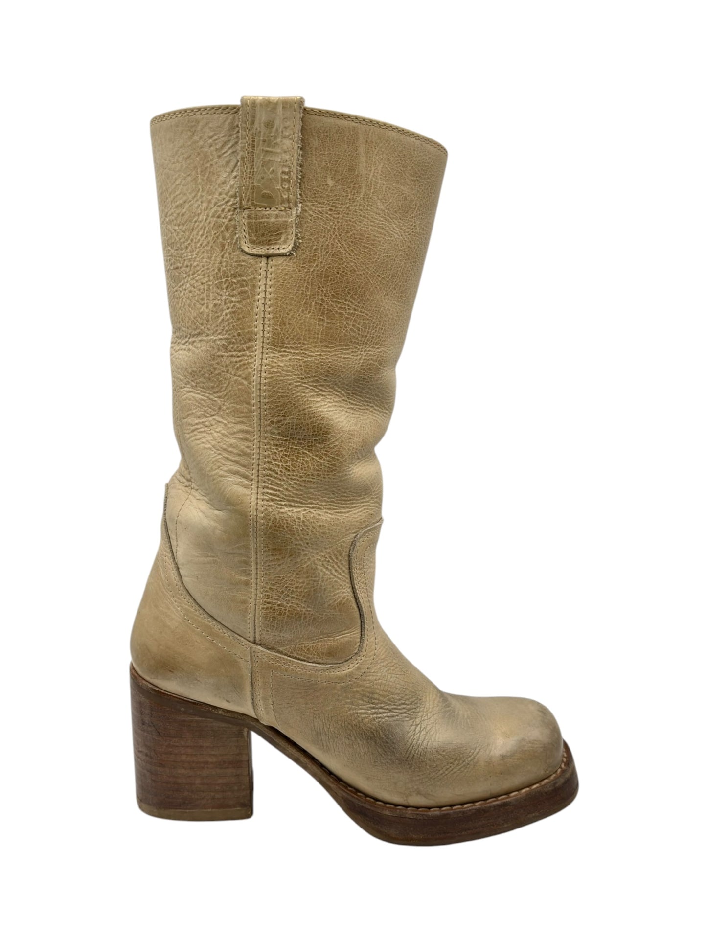 Vintage Destroy beige knee high block platform leather boots