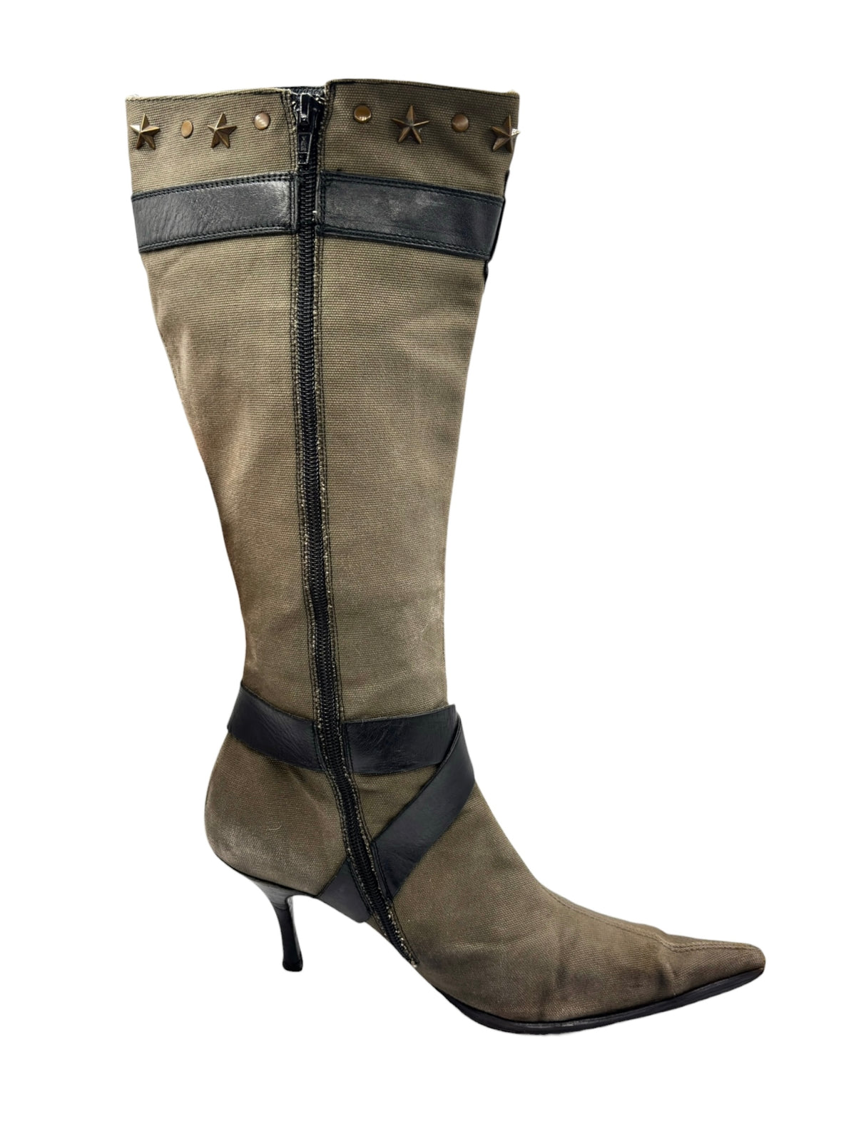 Knee-high olive boots with front zipper, black band details, and studded upper trim