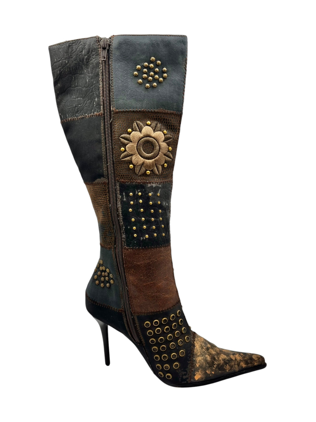 Knee-high boots with side zipper and gold-studded flower appliques on panels.
