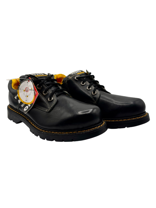 Black leather lace-up ankle boots, side view, yellow stitched sole edge