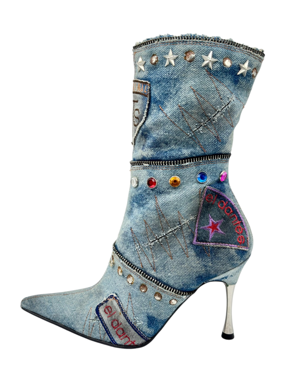 Blue denim mid-calf boot with star studs, colorful bead accents, and stiletto heel.
