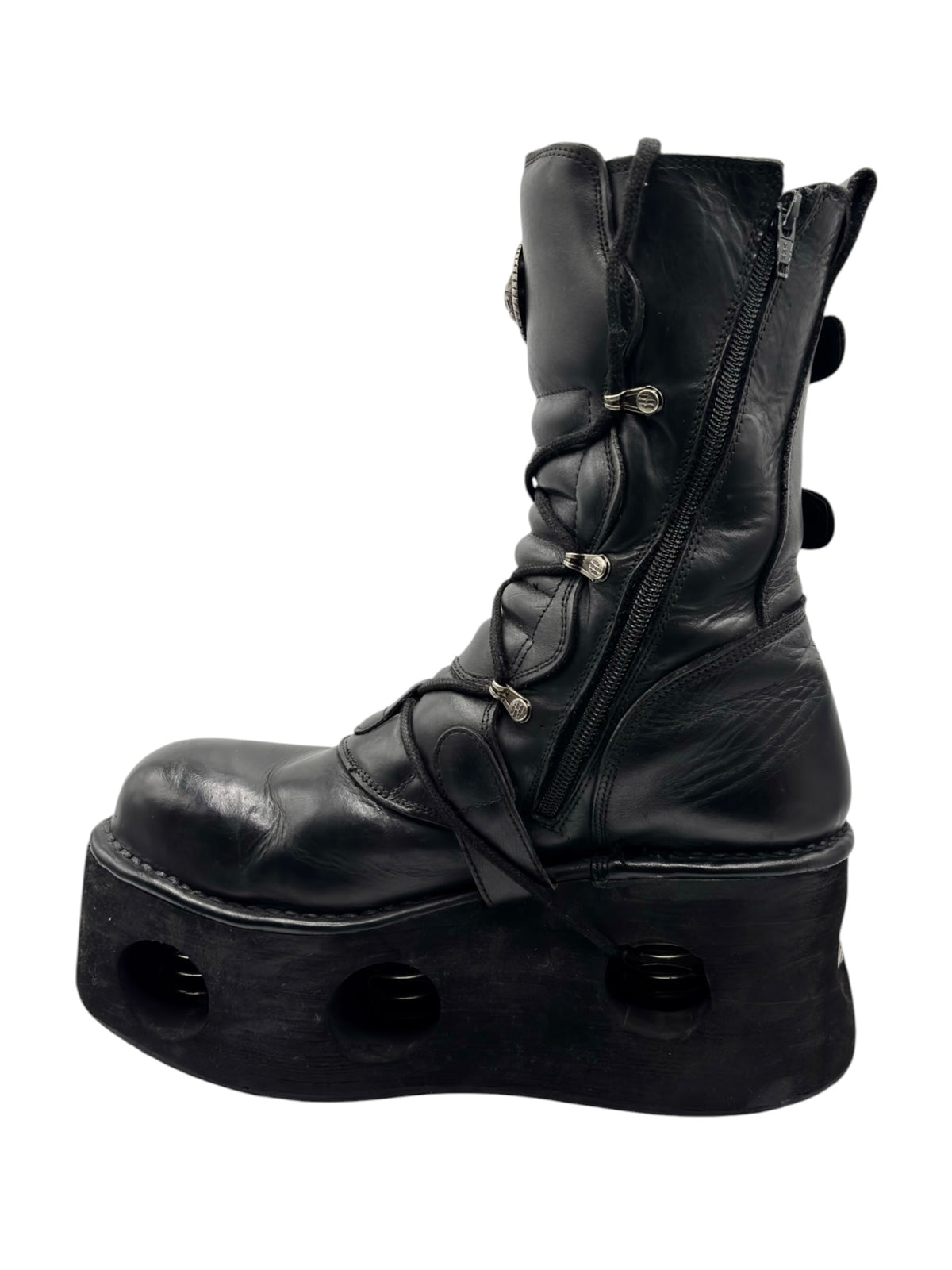 Black mid-calf platform boots with side zipper and adjustable buckle straps