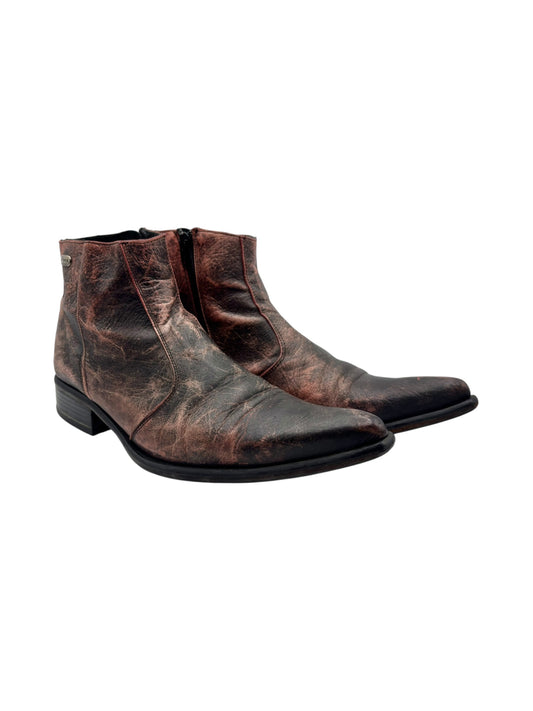 Distressed dark brown leather cowboy boots, pull-on design, square toe, low heel