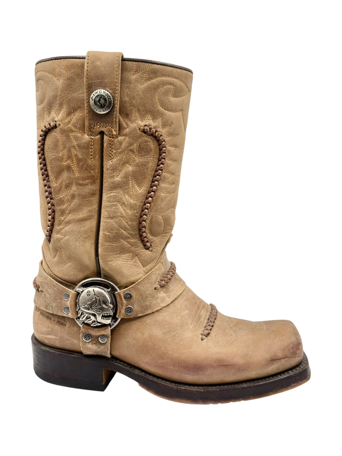 Vintage New Rock beige cowboy boots with engraved skull side buckle