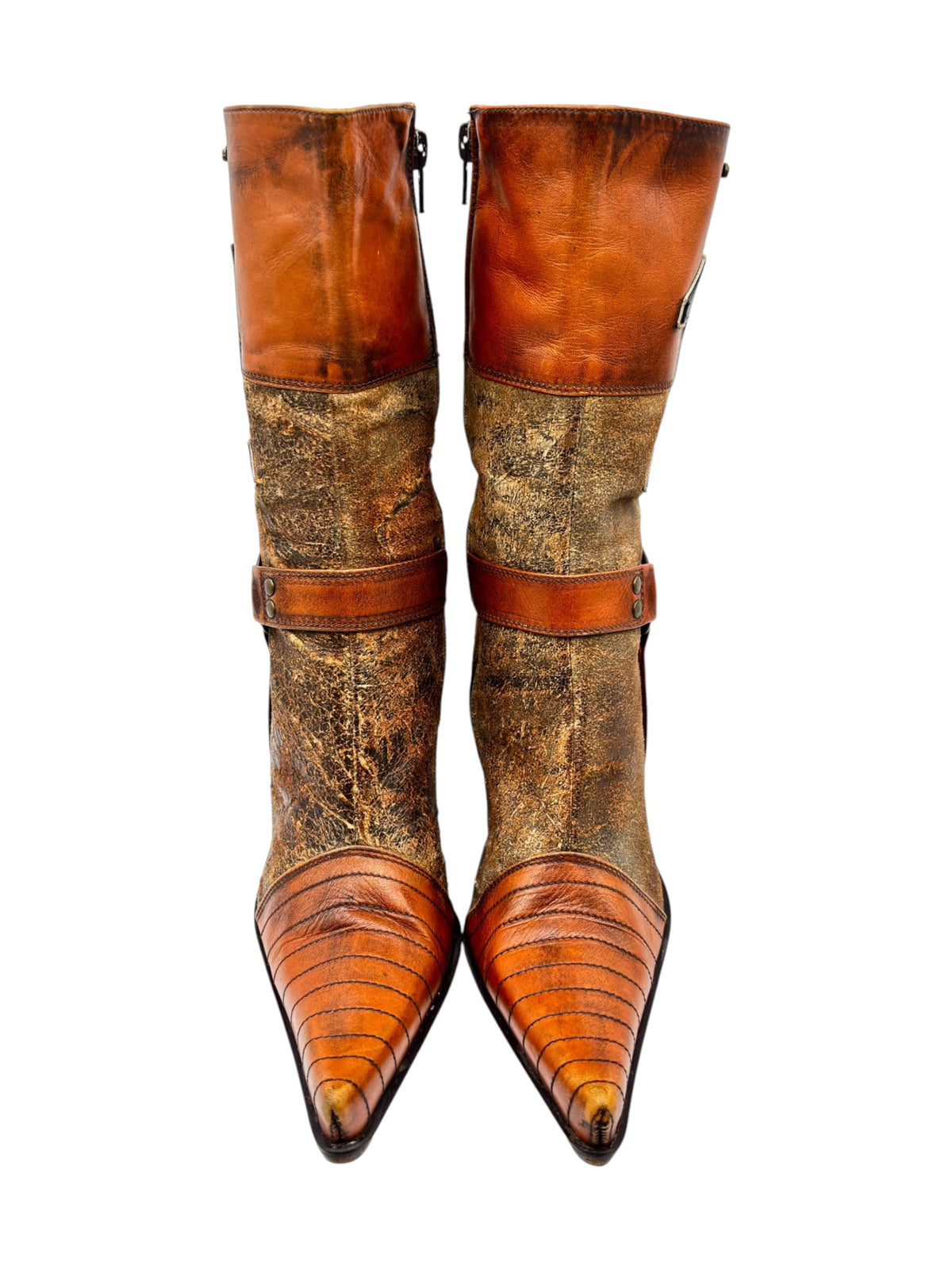 Orange leather tall heeled boots with wide strap across the shaft
