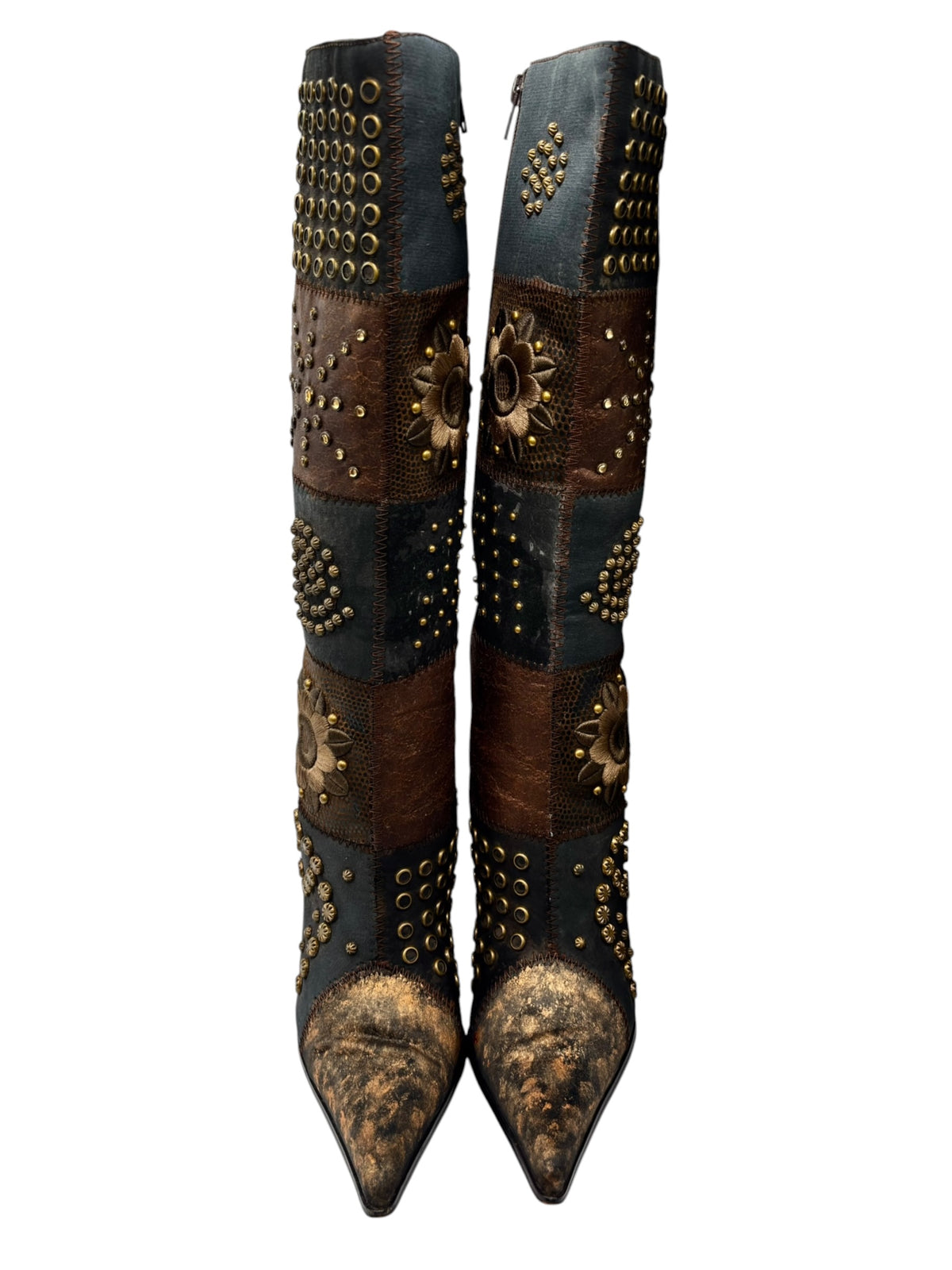 Vintage knee-high boots in brown and blue with gold stud and floral embellishments