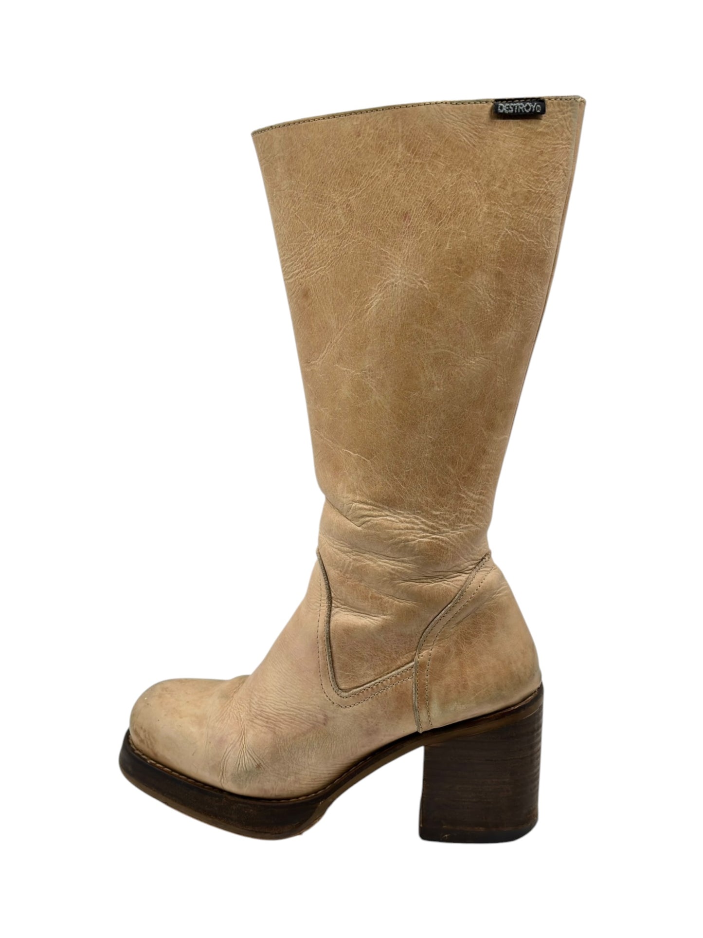 Vintage Destroy beige knee high block platform leather boots