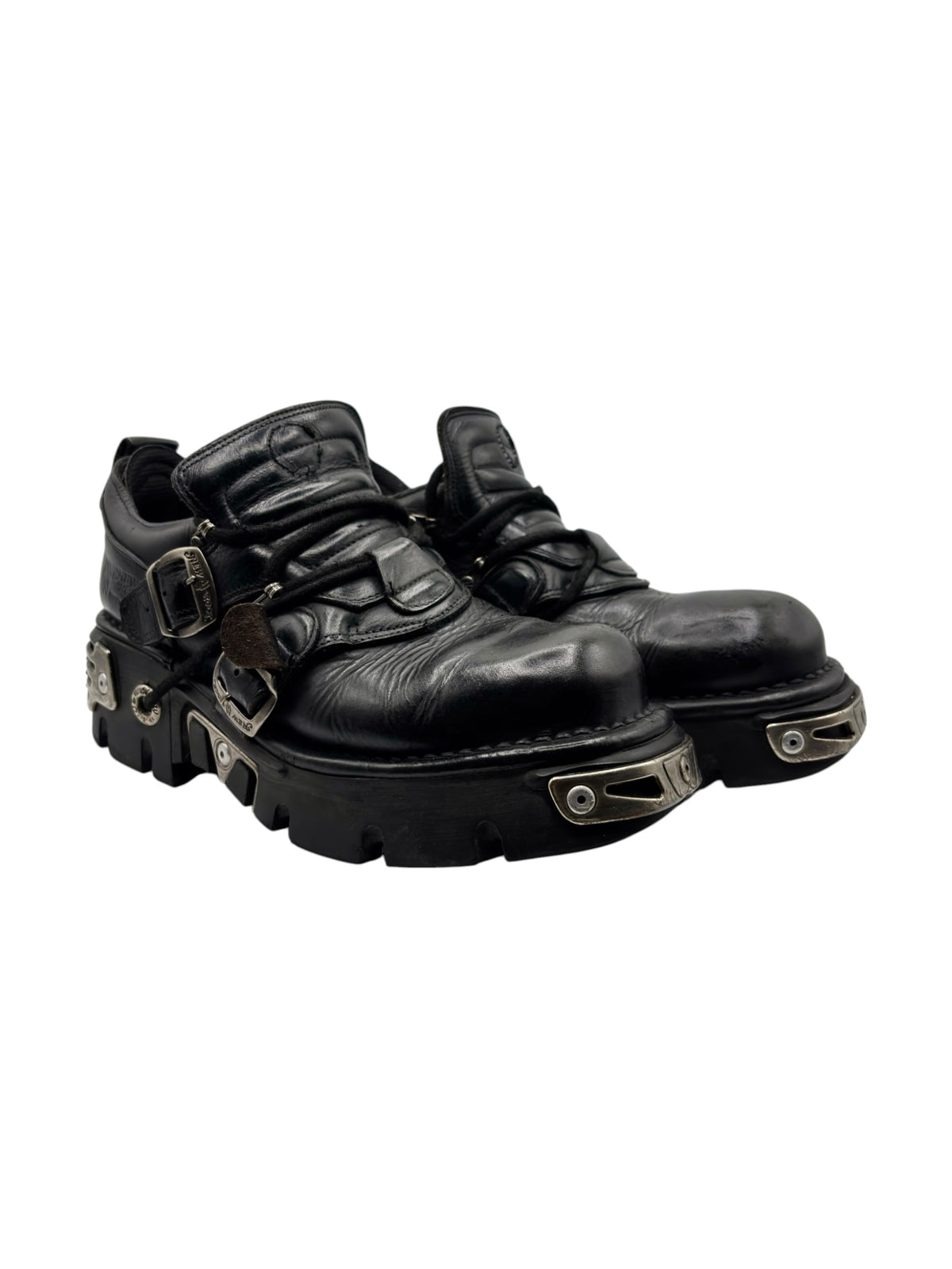 Platform ankle boots, black lace-up with chunky sole, side buckle straps and hardware
