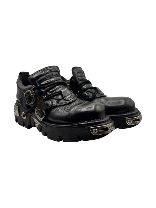 Platform ankle boots, black lace-up with chunky sole, side buckle straps and hardware