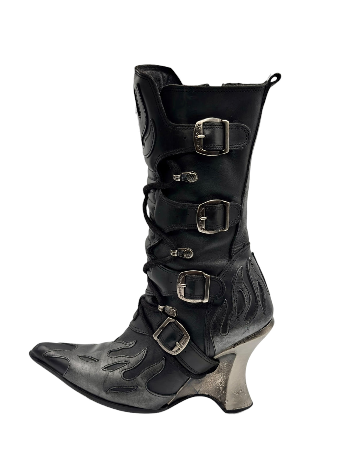 Ankle-height flame boots with buckles, straps, and lace-up front
