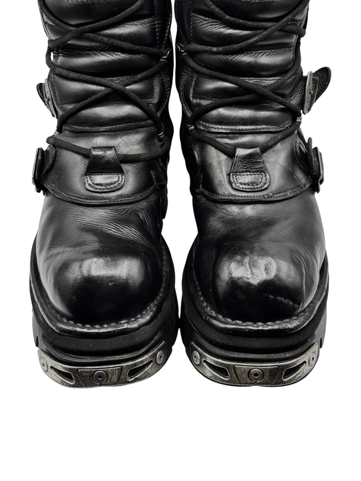 Vintage knee-high lace-up boots with buckled straps and chunky sole, black