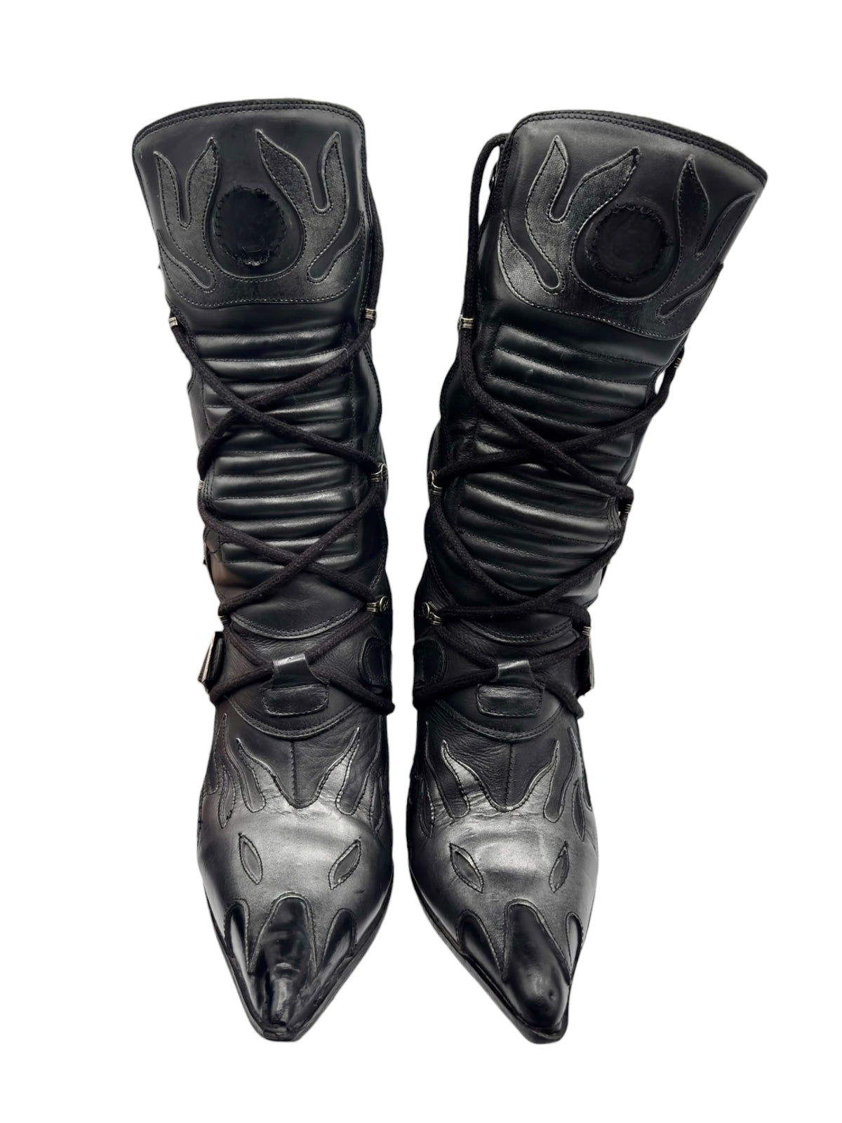 Front view of flame boots with laced uppers and flame-shaped panel embroidery