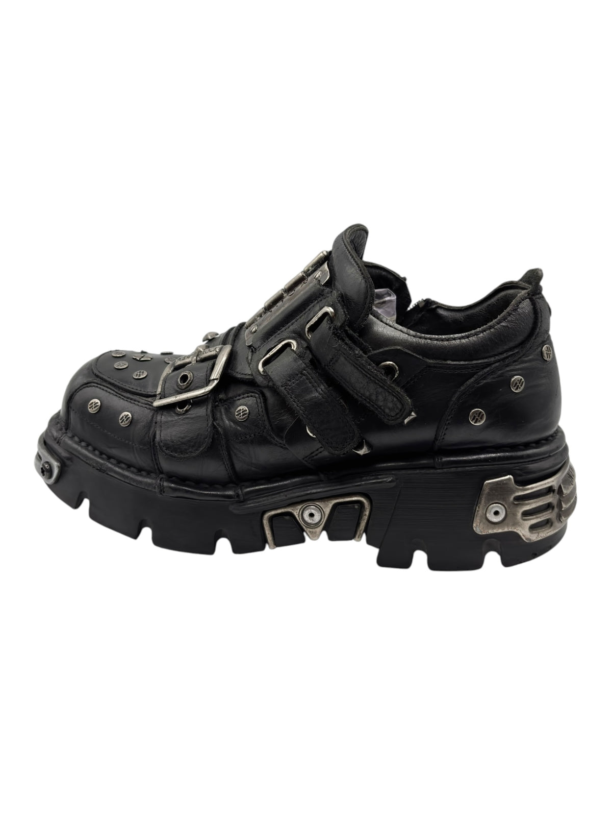 Black leather New Rock platform boots with stud accents and side straps