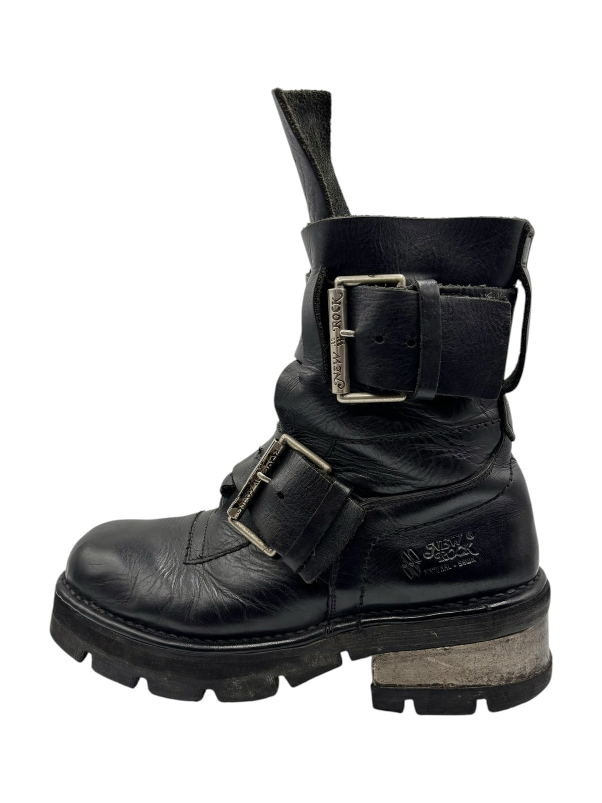 Black leather buckle ankle boots with side strap and low steel heel