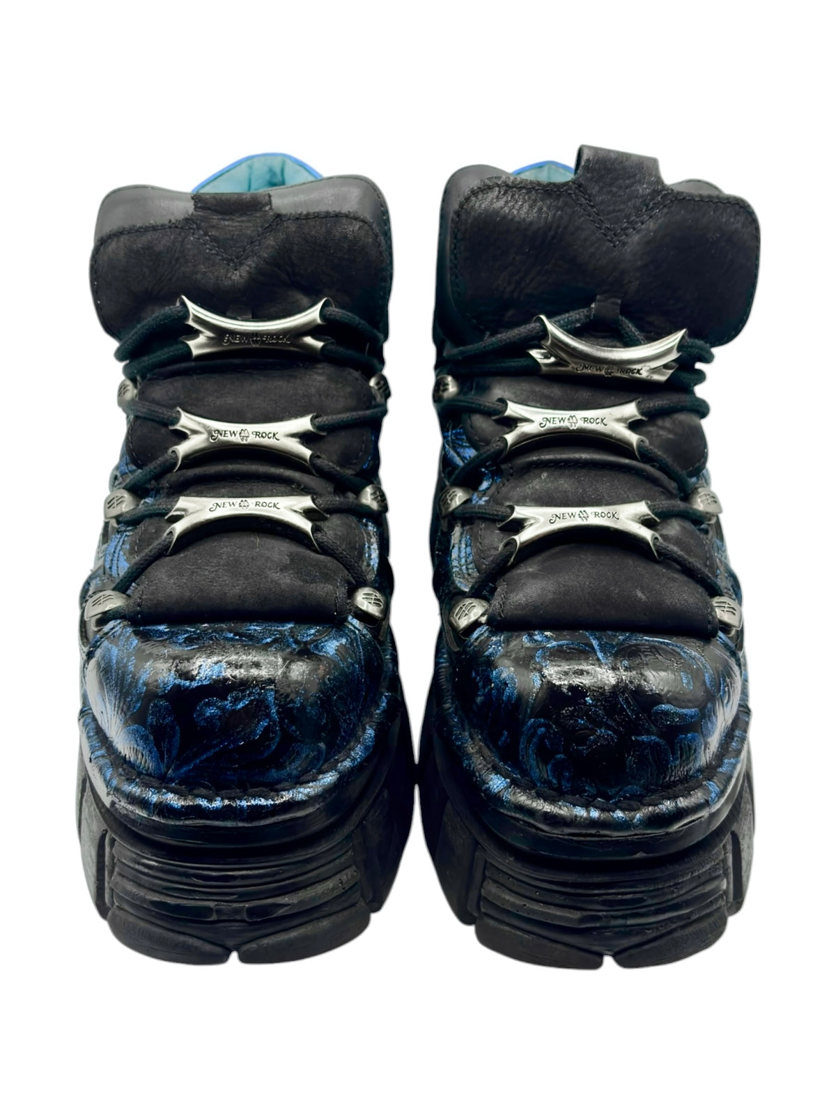 New Rock platform boots, front view with black uppers and blue marbled toe panels