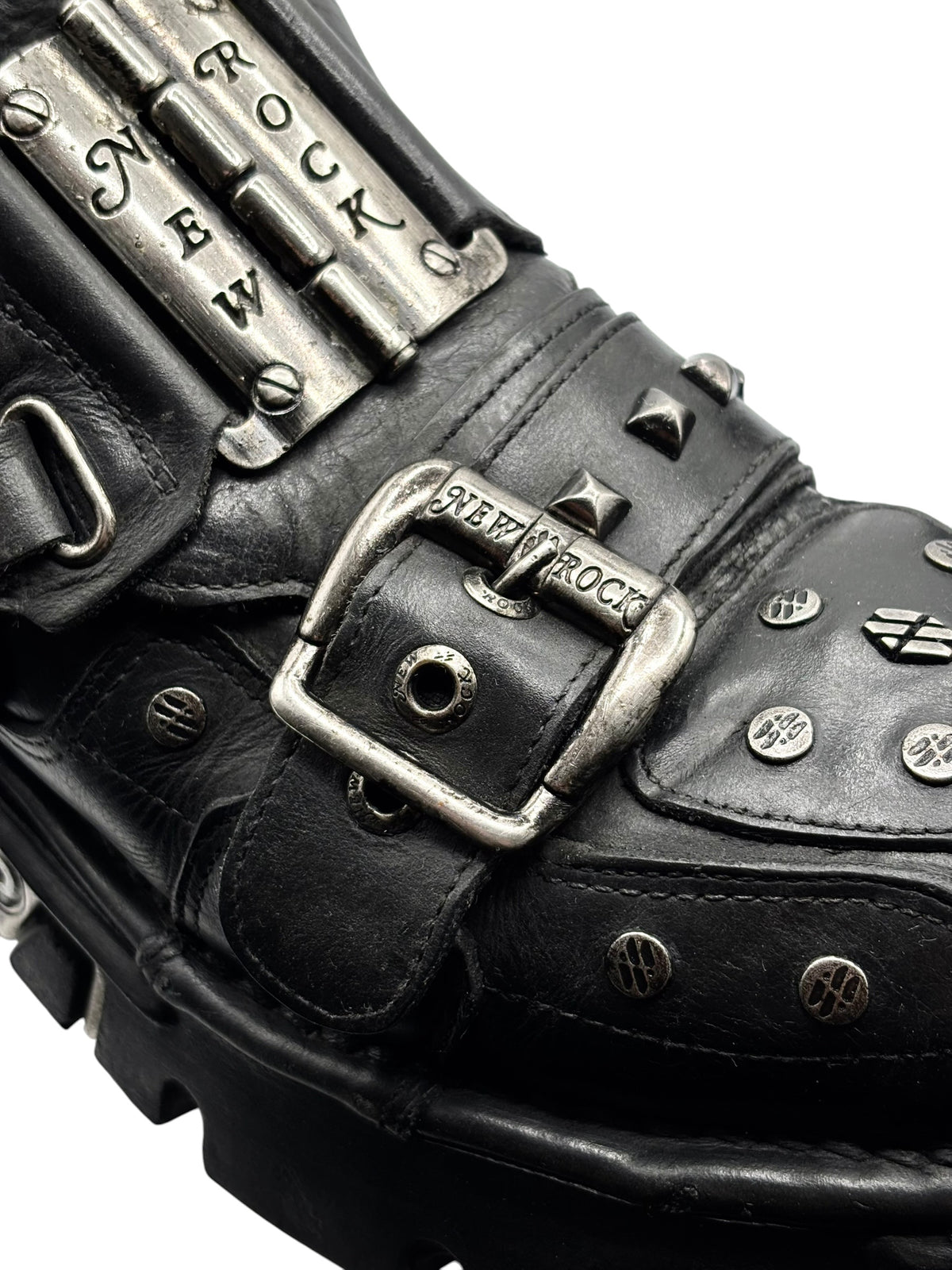 Black New Rock platform boot with studded belt strap and metal buckle plate