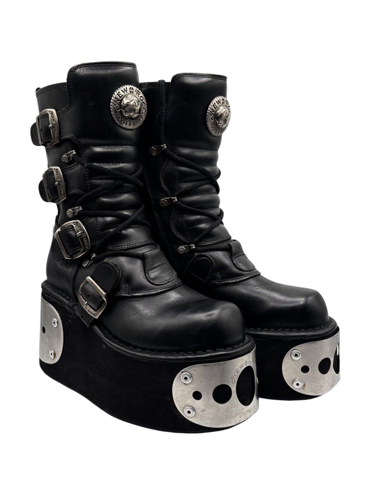 Black lace-up platform boots with buckles and silver studded sole plates