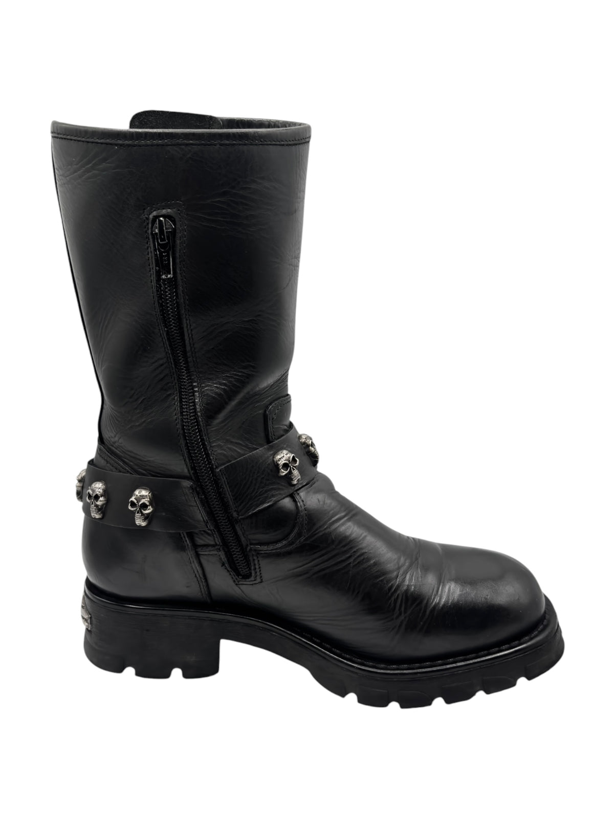 Black leather biker boots with side zipper and skull-studded ankle strap
