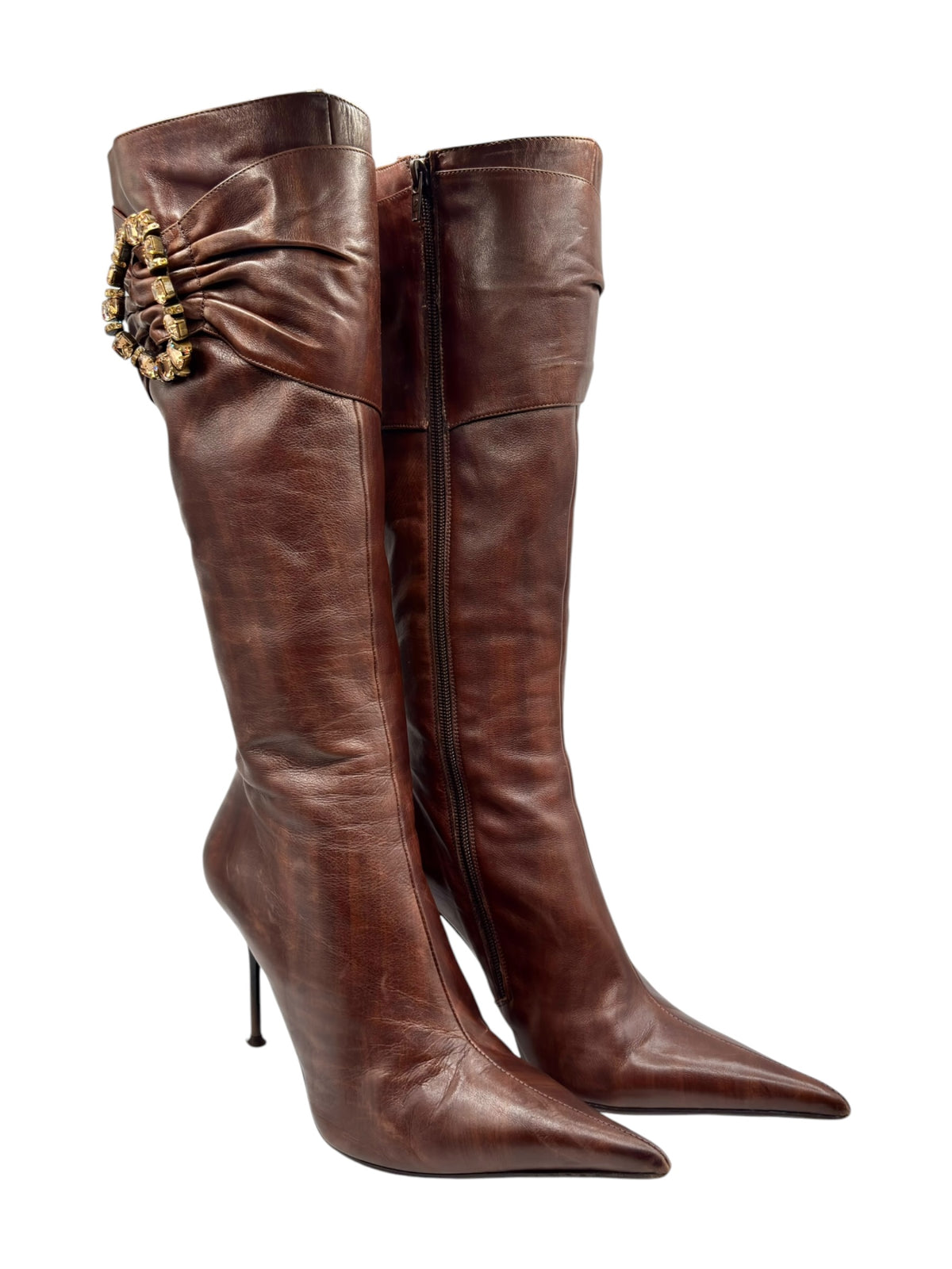 Dark brown leather knee-high boots with side zipper and gold-toned cuff detail