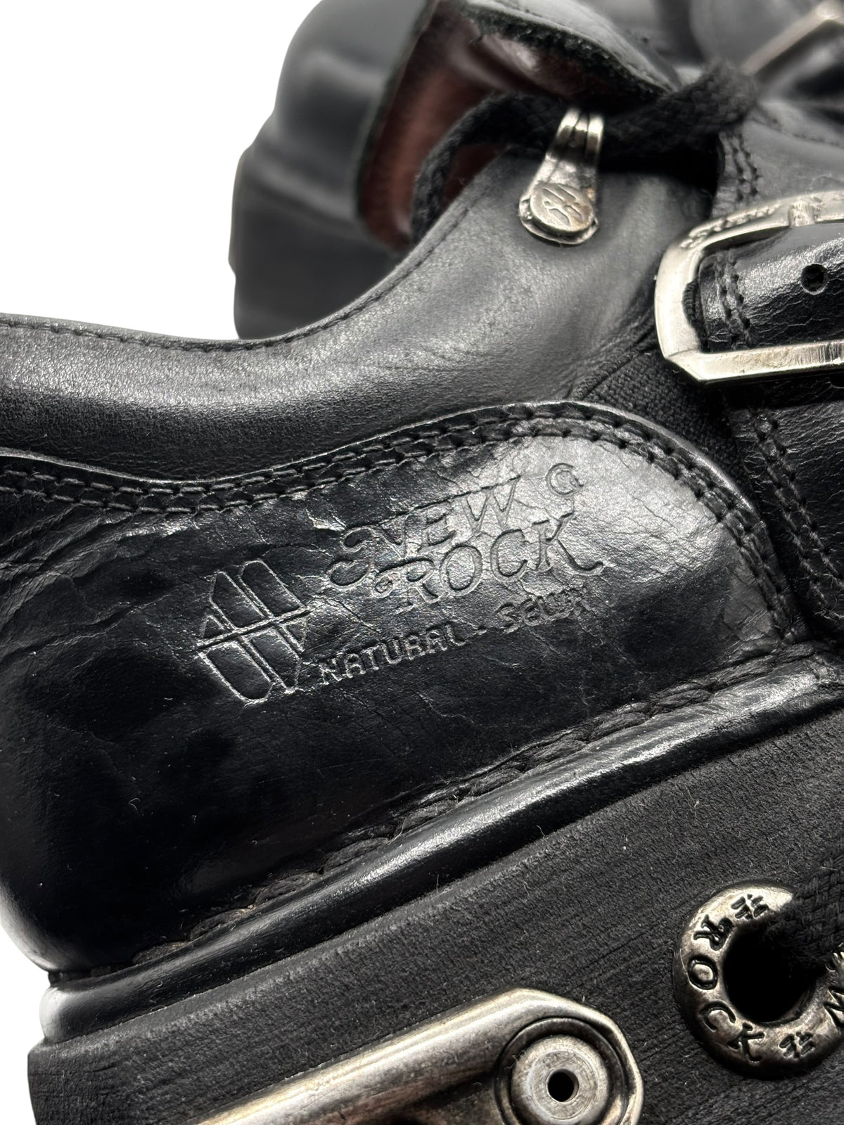 Vintage New Rock Pluto platform boots, black leather with embossed logo and lace-up detail